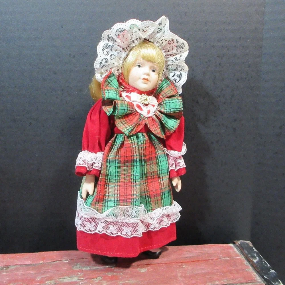 VTG Christmas Porcelain Doll in Plaid Dress & Bonnet - Blonde Hair, Blue Eyes